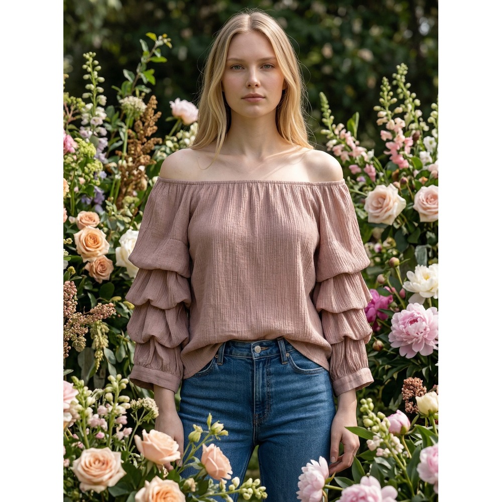 Onetheland Off The Shoulder Ruffle Tiered Sleeve Blouse Mauve Pink L H18C661‎